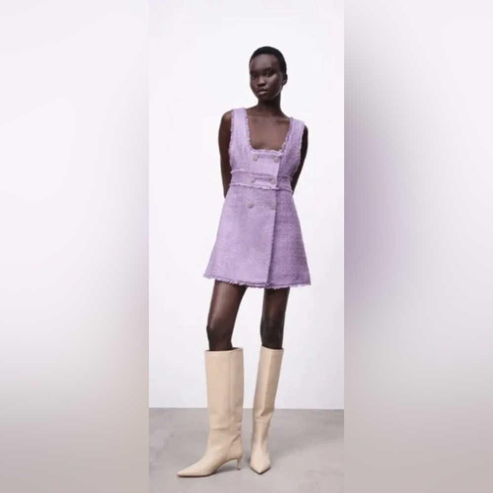 Zara Lilac Boucle Tweed Rhinestone Button Front Wrap Mini Dress